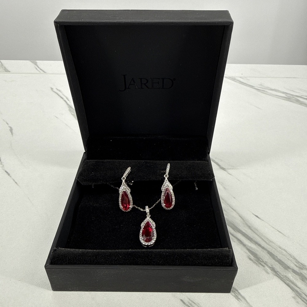 NIB Jared JewelersRuby Birthstone TearDrop Necklace Earrings SterlingSilver Set